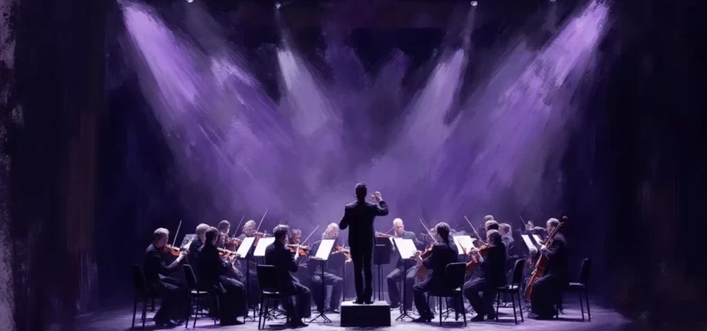 Free classical music concerts at La Mirada Theatre with purple-lit orchestra stage illustration
