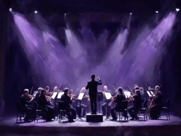 Free classical music concerts at La Mirada Theatre with purple-lit orchestra stage illustration