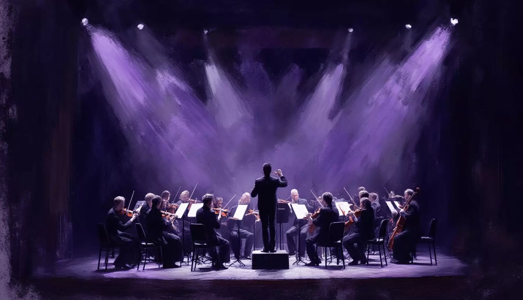 Free Classical Music Concerts Illustration Free classical music concerts at La Mirada Theatre with purple-lit orchestra stage illustration