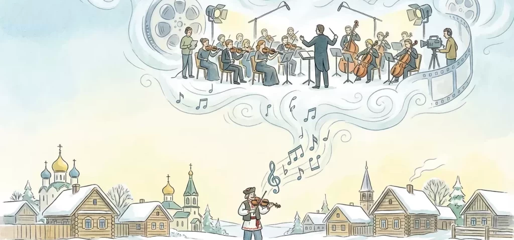 Illustrated village-to-Hollywood concept showing Eastern European music influence on film scores transforming into cinematic orchestration