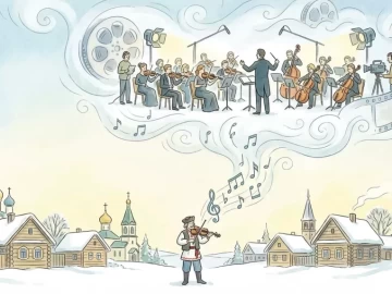 Illustrated village-to-Hollywood concept showing Eastern European music influence on film scores transforming into cinematic orchestration