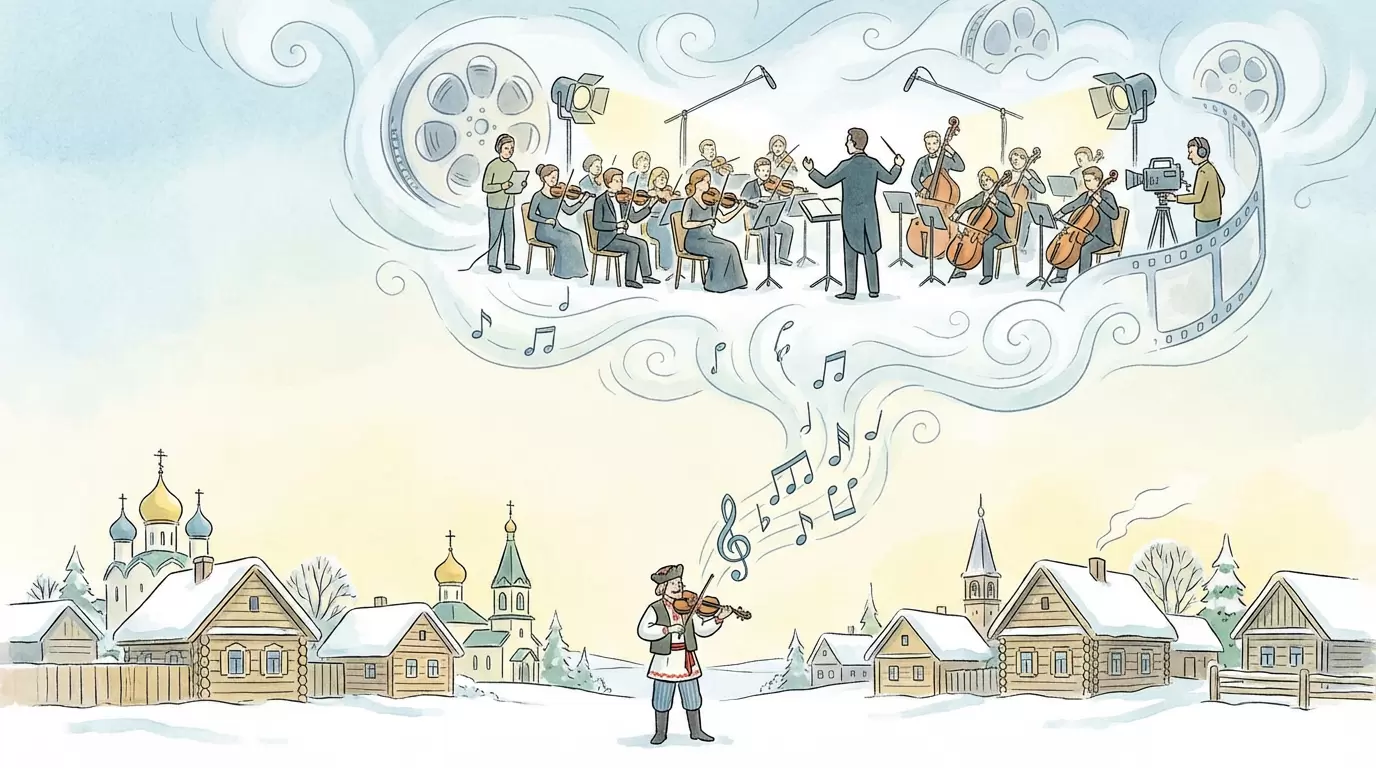 Village to Hollywood – Eastern European Music Influence Illustrated village-to-Hollywood concept showing Eastern European music influence on film scores transforming into cinematic orchestration