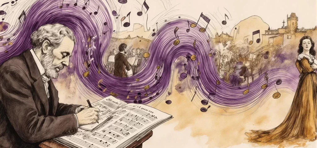 folk songs in classical music illustrated from village singer to symphony orchestra with purple concert hall accents