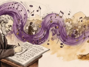 folk songs in classical music illustrated from village singer to symphony orchestra with purple concert hall accents