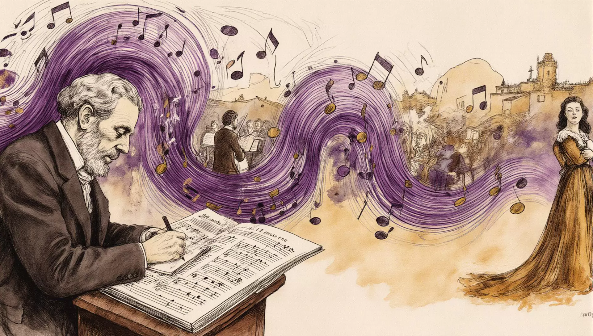 folk songs in classical music illustrated from village singer to symphony orchestra with purple concert hall accents