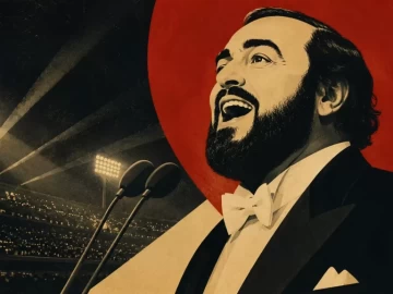 Mid-century style illustration inspired by Luciano Pavarotti and the 1990 World Cup, symbolizing the connection between opera and international football.