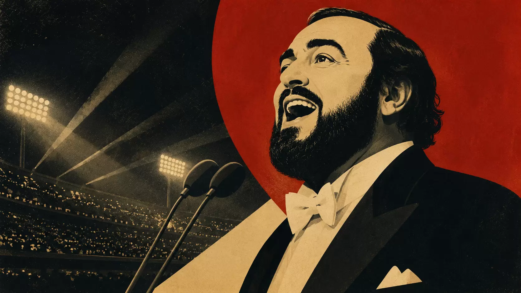 Mid-century style illustration inspired by Luciano Pavarotti and the 1990 World Cup, symbolizing the connection between opera and international football.