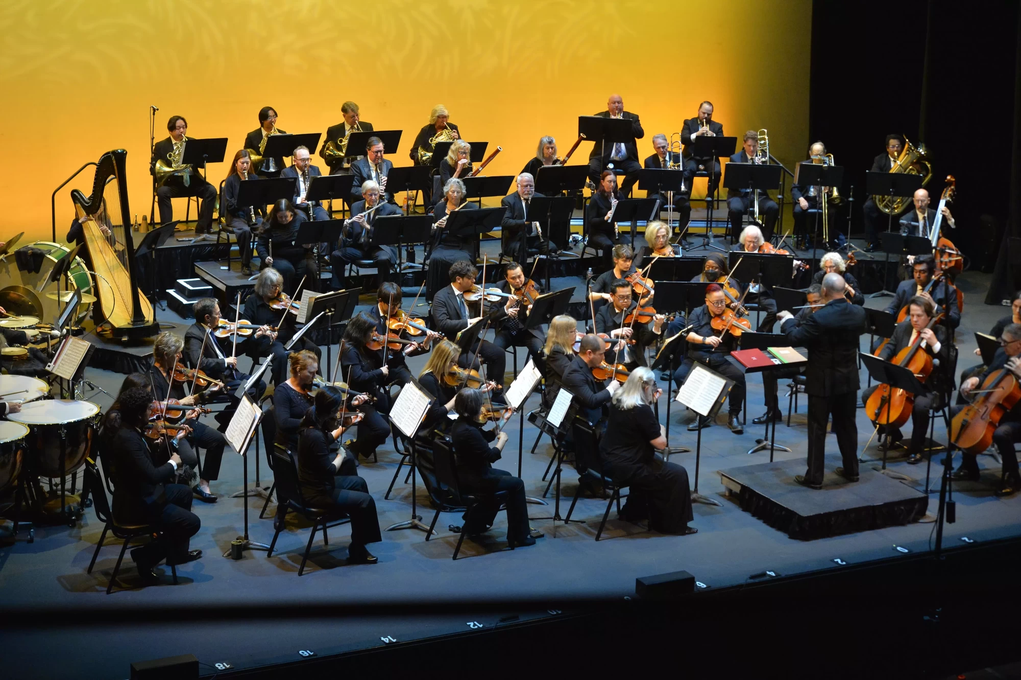 Orchestra performing live on stage at the La Mirada Theatre for the Performing Arts