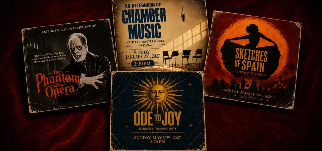 Vintage record crate featuring the La Mirada Symphony 2026–2027 concert season with artwork for four free performances at the La Mirada Theatre for the Performing Arts.