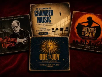 Vintage record crate featuring the La Mirada Symphony 2026–2027 concert season with artwork for four free performances at the La Mirada Theatre for the Performing Arts.