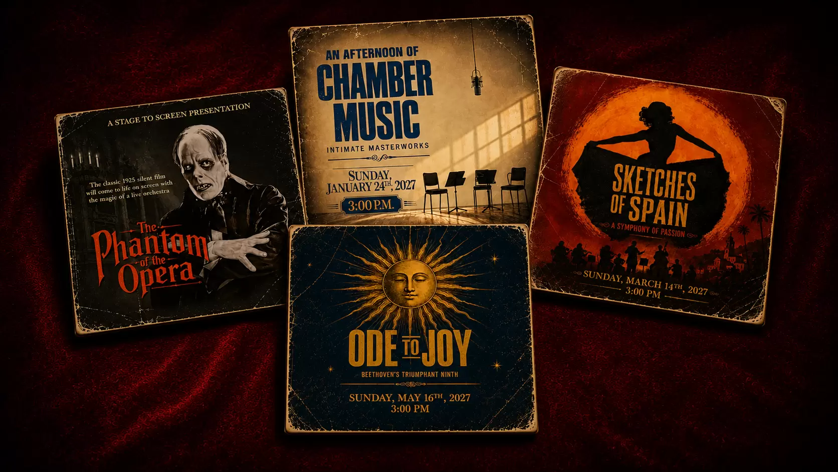 Vintage record crate featuring the La Mirada Symphony 2026–2027 concert season with artwork for four free performances at the La Mirada Theatre for the Performing Arts.