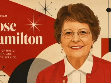 Mid-century modern illustration of Rose Hamilton, longtime La Mirada Symphony First Violin, Finance Director, Secretary, Treasurer, and Board member.