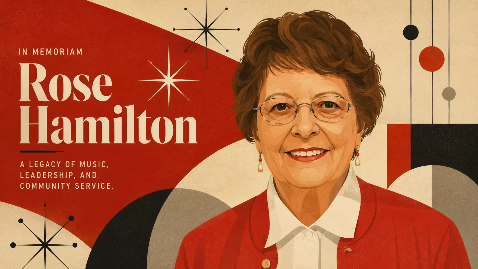 Mid-century modern illustration of Rose Hamilton, longtime La Mirada Symphony First Violin, Finance Director, Secretary, Treasurer, and Board member.