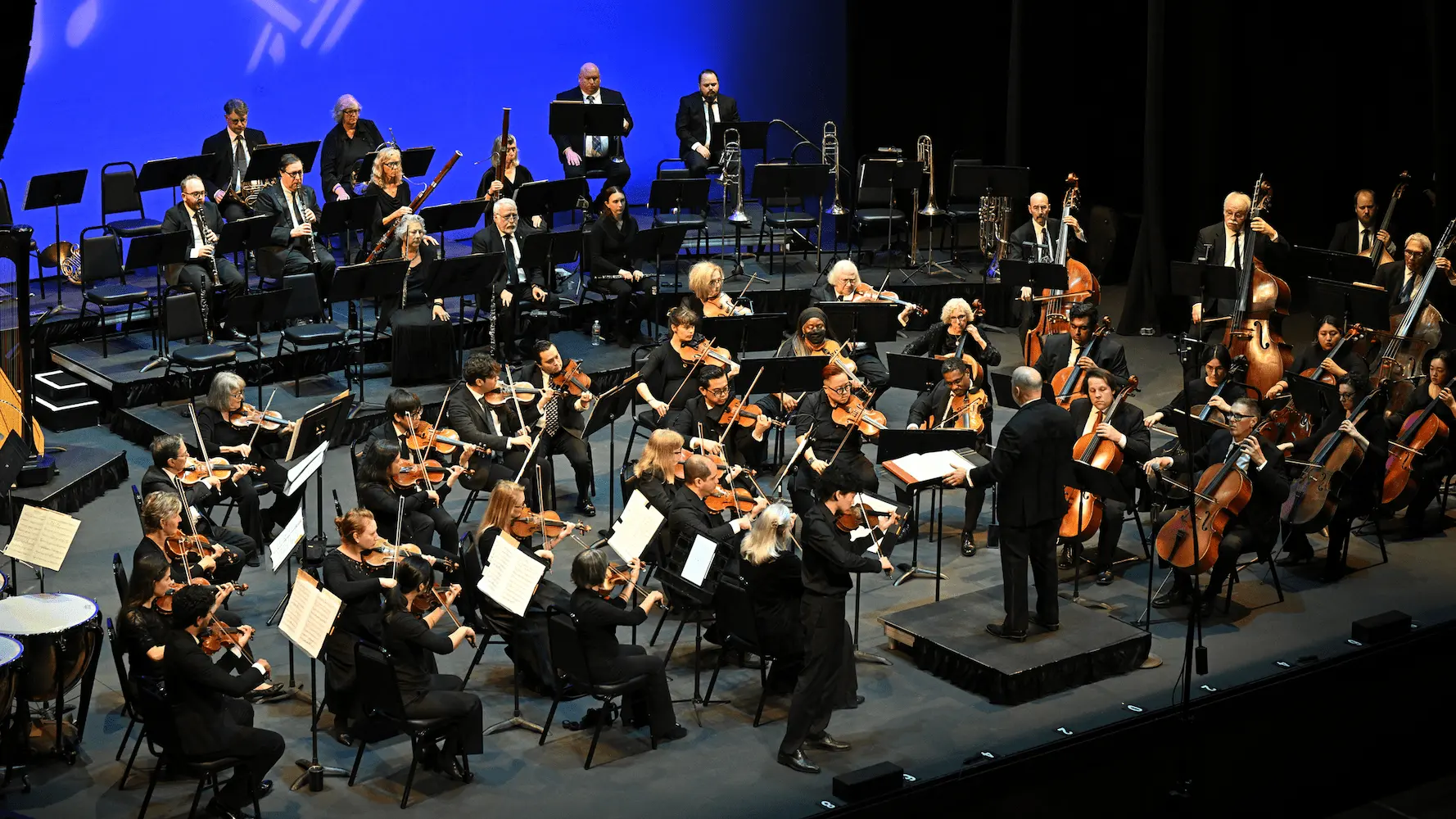 Orchestra performing live on stage at the La Mirada Theatre for the Performing Arts