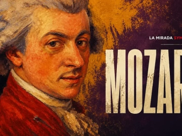 Mozart portrait in a modern editorial style with bold Mozart typography for the La Mirada Symphony.