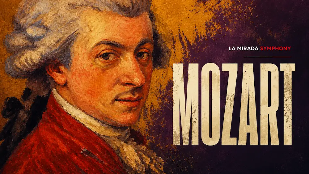 Mozart portrait in a modern editorial style with bold Mozart typography for the La Mirada Symphony.