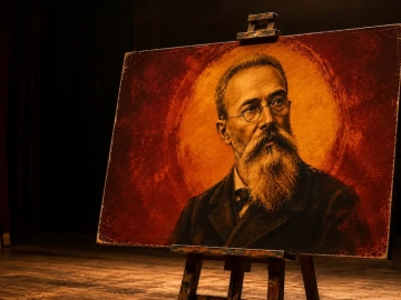 Painted portrait of Nikolai Rimsky-Korsakov displayed on an easel on a theater stage
