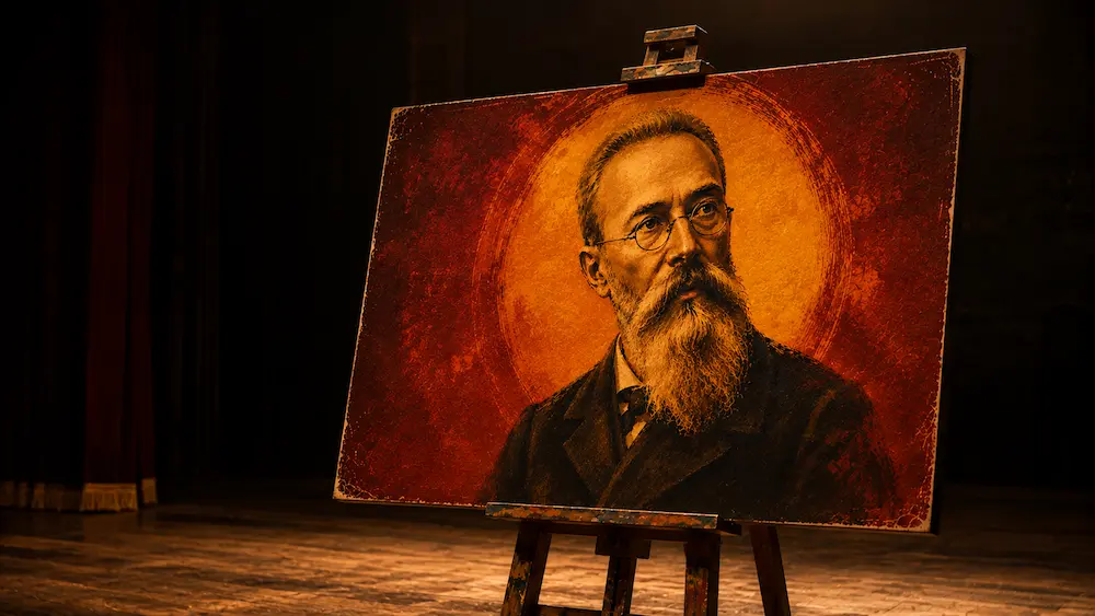 Painted portrait of Nikolai Rimsky-Korsakov displayed on an easel on a theater stage