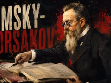 Nikolai Rimsky-Korsakov composing music at his desk in a modern editorial illustration