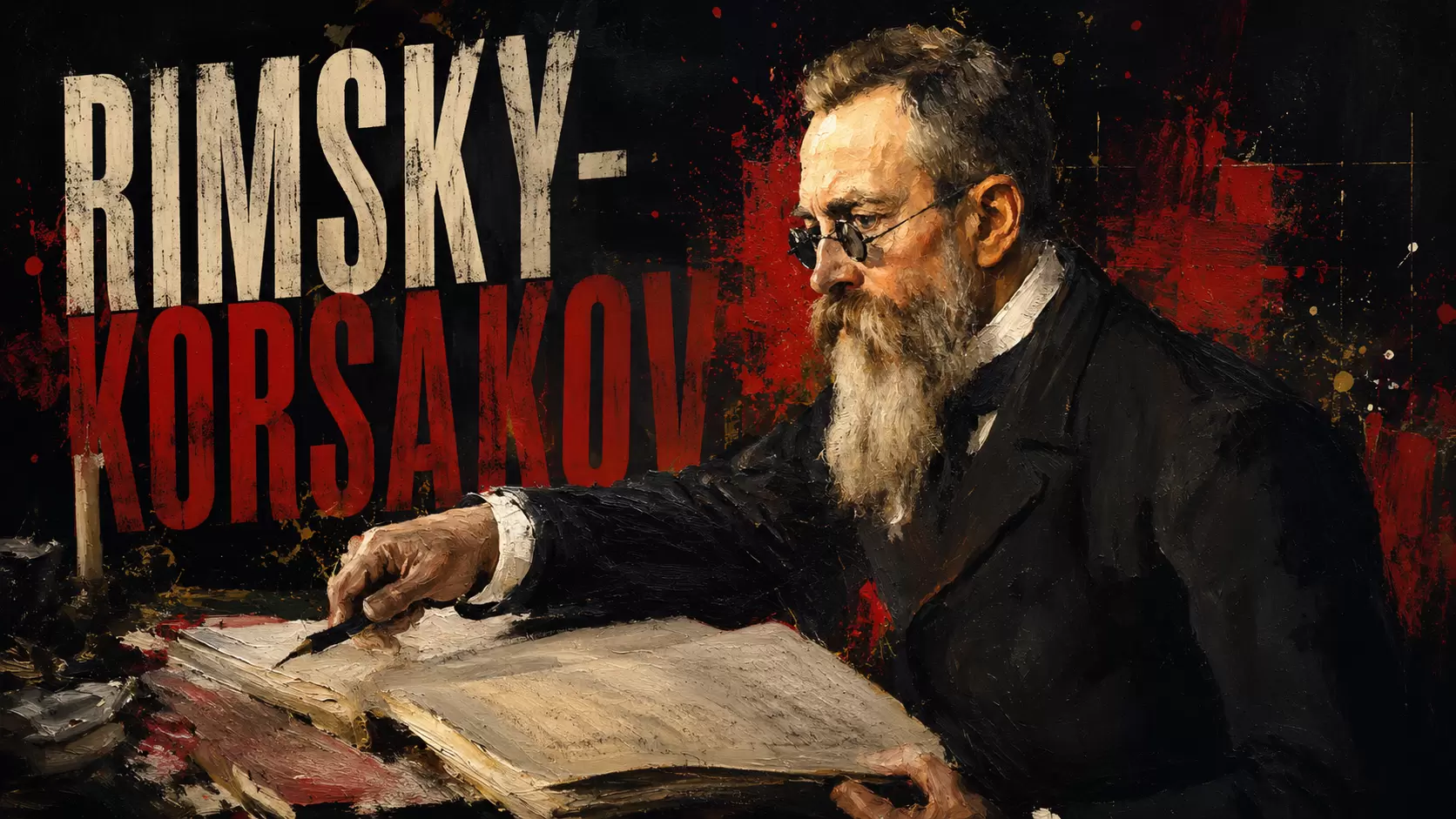 Nikolai Rimsky-Korsakov composing music at his desk in a modern editorial illustration