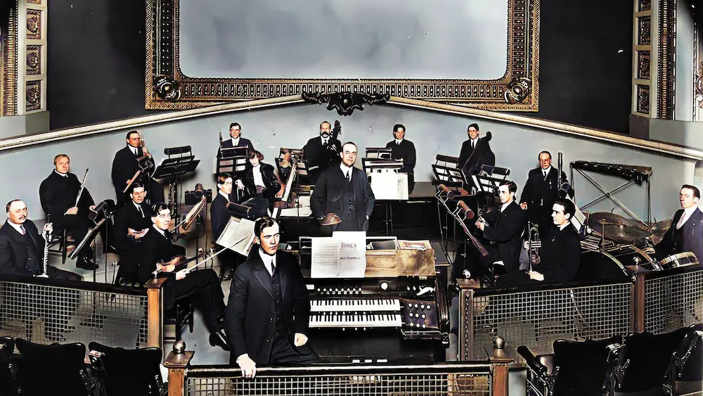1920s movie theater orchestra performing live music during the silent film era